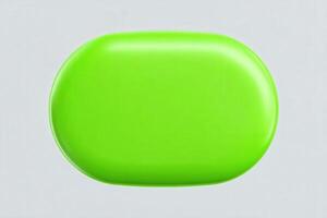 A bright green oval soap sits on a light grey background. It exhibits a glossy surface that reflects light, showcasing its vibrant color and smooth texture. photo