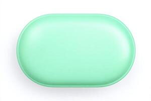 A sleek mint green oval object is displayed against a white background. The surface is shiny, emphasizing its modern design. The item appears minimalist and well-crafted. photo