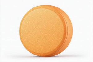 A round, textured orange object rests flat on a clean white background, showcasing its vibrant color and smooth surface. The simple design highlights its geometry and bold hue. photo