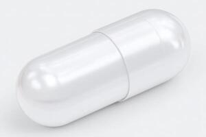 A white capsule rests on a smooth, clean surface under soft lighting. The scene captures the simplicity and clarity of the design, emphasizing the capsules smooth, rounded edges. photo