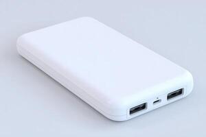 A sleek, white portable power bank is displayed on a neutral background. It features multiple charging ports, showcasing its practicality for on-the-go charging needs. Ideal for all devices. photo