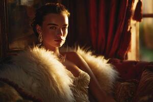 A woman sits gracefully on an ornate couch, draped in a plush fur shawl. Her regal appearance is enhanced by statement earrings and delicate jewelry, illuminated by warm sunlight. photo