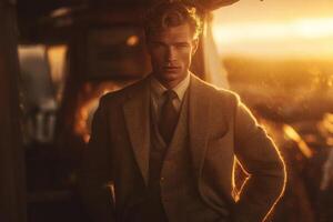 A fashionable man wearing a tailored suit stands confidently as the sun sets behind him, casting a golden light that highlights his sharp features and sophisticated style in a serene outdoor setting. photo