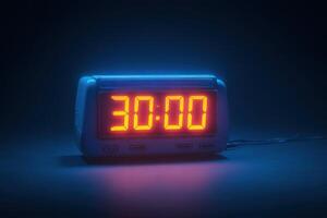 A digital timer shows the time as thirty minutes in bold red numbers against a dark background illuminated by blue light. The ambient lighting creates a focused atmosphere. photo