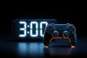 A sleek gaming controller is positioned next to a digital clock displaying 3 am. The dark background emphasizes the glowing details of both the controller and the clock, creating a dramatic effect. photo