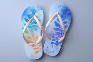 A pair of colorful flip flops features blue and yellow floral patterns against a light background. Ideal for beach outings and casual summer activities, they combine style and comfort. photo