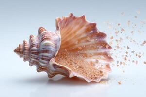 A beautiful seashell rests on a smooth surface, gradually releasing fine grains of sand. The intricate patterns and colors of the shell contrast with the delicate sand, creating an elegant visual. photo