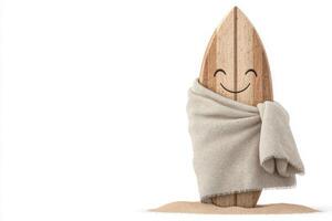 A cheerful wooden surfboard stands upright on a sandy surface, wrapped in a cozy towel. The surfboard displays a smiling face, adding a playful touch. The background is minimalistic and bright. photo