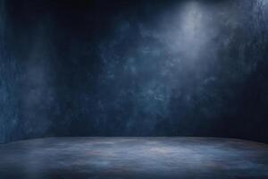 A spacious studio setting features textured dark walls and a smooth floor. Soft, moody lighting enhances the atmosphere, perfect for artistic activities or performances. photo