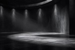 This setting features dark walls and a smooth floor, illuminated by beams of light from above. The atmosphere is moody and dramatic, ideal for creative projects or performances. photo