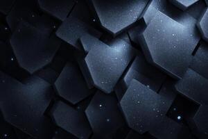 Dark hexagonal shapes create a dynamic, textured background, illuminated by subtle light effects that enhance the three-dimensional appearance. The design evokes depth and modernity. photo