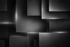Dark geometric shapes interlock to create a striking abstract design. Soft lighting highlights edges, enhancing depth and texture, producing a modern artistic atmosphere. photo