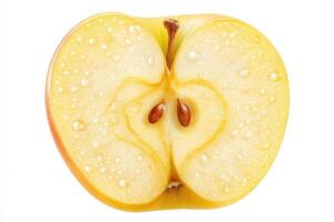 A fresh yellow apple is sliced in half, revealing its juicy flesh and seeds. Water droplets cling to the surface, enhancing its vibrant color and freshness. Ideal for healthy eating. photo