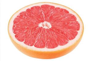 A halved pink grapefruit reveals its juicy, segmented interior, showcasing the rich pink hue and smooth texture. photo