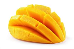 Bright yellow mango is cut into elegant slices, showcasing its juicy texture and inviting color. The arrangement highlights the fruits freshness and makes it visually appealing. photo