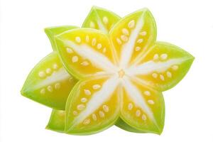 Star fruit is displayed with its vibrant yellow and green segments arranged symmetrically. The fruits distinct star shape reveals juicy seeds, emphasizing its tropical appeal. photo