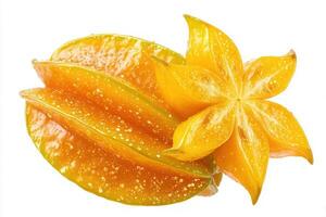 A vibrant star fruit sits prominently, showcasing its distinct shape and yellow hue. The surface glistens with moisture, reflecting its freshness and appealing texture. photo