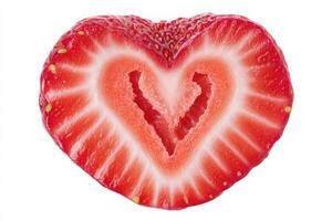 A heart-shaped strawberry is sliced in half, revealing its juicy red flesh and a distinctive pattern. The freshness and vibrant color create an appealing focal point for presentations. photo