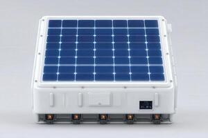 A solar panel system features numerous photovoltaic cells arranged on a sleek white surface. photo