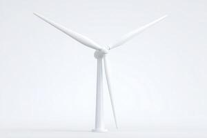 A sleek, white wind turbine stands tall against a plain background, demonstrating modern design and commitment to renewable energy. Its blades are angled to harness wind efficiently. photo