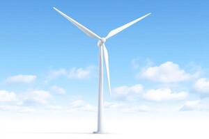 A large wind turbine dominates the landscape, its blades rotating gently in the breeze. photo