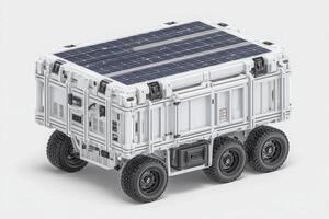 A compact mobile unit equipped with a solar panel on top, showcasing rugged design and four large wheels. photo