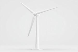 A white wind turbine model stands prominently against a plain background, showcasing its three blades. This representation highlights the focus on renewable energy and sustainability. photo