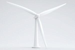 A large white wind turbine stands prominently against a minimal background. Its blades are angled to demonstrate the mechanism, emphasizing modern renewable energy solutions in a serene environment. photo