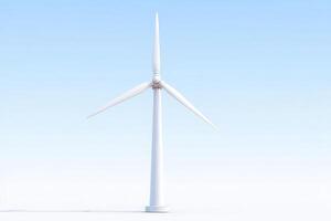 A large wind turbine towers prominently against a bright blue sky, representing renewable energy efforts. The blades rotate gently, harnessing wind power for sustainable electricity generation. photo