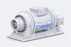This electric motor showcases advanced engineering with a sleek white casing and blue accents. It is built for industrial applications and emphasizes power and efficiency. photo