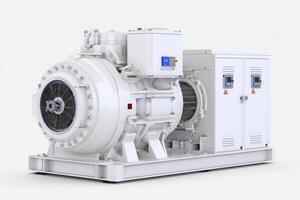 This gas turbine generator features a white casing with multiple components. It is positioned on a sturdy base, suitable for industrial applications. The design emphasizes efficiency and performance. photo