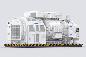 A high-efficiency industrial generator is showcased prominently on a black platform, featuring a white casing with various technical components and labels visible. photo