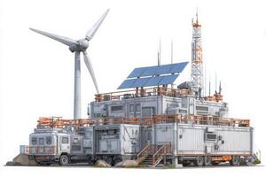 This facility showcases a modern approach to renewable energy, integrating wind turbines and solar panels. Its unique structure includes shipping containers and emphasizes sustainability. photo