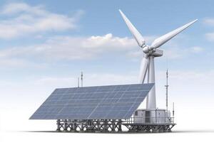 A cutting-edge renewable energy setup combines a wind turbine with solar panels under a clear blue sky. The system aims to harness natural resources for sustainable power generation. photo