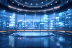 A sleek and modern studio features blue lighting and a polished floor, with panoramic windows showcasing a vibrant cityscape. Ideal for presentations or events, the space feels dynamic and inviting. photo