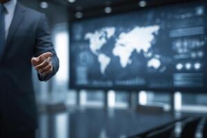 Business professional stands confidently in a contemporary conference room while gesturing towards a large digital display showing a world map and data insights. photo
