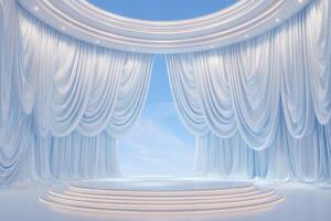 An elegantly designed stage features flowing white curtains draping gracefully from the ceiling. The backdrop is bright blue, creating a serene atmosphere, suitable for performances or events. photo