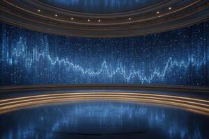 The interior features a sleek studio with a luminous blue backdrop displaying an abstract data visualization. photo