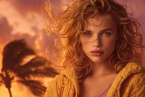 A woman with curly hair stands confidently during a vibrant sunset, featuring soft clouds and palm trees in the background. The warm colors create a serene atmosphere. photo