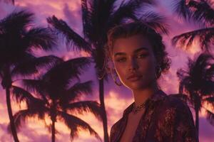 A person stands against a stunning tropical sunset filled with purples and oranges, surrounded by tall palm trees. The atmosphere is serene and captivating, capturing the beauty of nature. photo