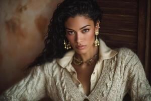 A confident model poses elegantly in a cozy knit sweater, surrounded by warm tones and textured wall. Her expressive gaze and styled curls create a striking visual appeal, enhancing the fashion aura. photo