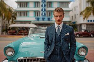 A well-dressed young man stands confidently beside a classic turquoise car on a lively street. Palm trees surround charming architecture in a sunny urban setting, embodying a vibrant atmosphere. photo