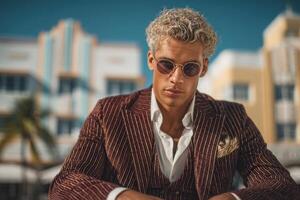 A fashionable man with curly hair and sunglasses sits thoughtfully, dressed in a striped suit. Bright buildings and palm trees create a lively atmosphere under a clear sky. photo