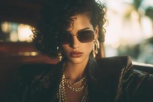 A woman with curly hair and stylish sunglasses sits inside a classic car. The warm sunlight highlights her glamorous look, creating a captivating scene filled with vintage charm. photo