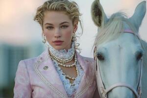 A graceful young woman stands beside a beautiful white horse, wearing an elegant outfit with intricate details. The background features a soft sunset, adding to the tranquil ambiance of the moment. photo