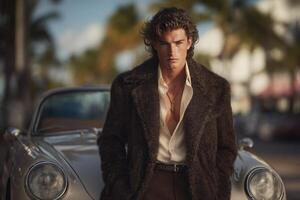 A young man dressed in a fashionable brown coat stands confidently next to a vintage silver car under a blue sky. Palm trees are visible in the background, hinting at a warm climate. photo