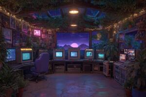 An immersive gaming room features vintage computers, glowing plants, and warm lighting. Through the large window, a stunning sunset casts colorful hues, creating a nostalgic atmosphere. photo