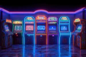 Bright neon lights outline a row of classic arcade gaming machines. photo
