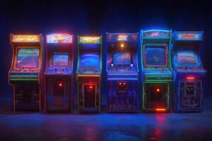 Six classic arcade machines stand in a dimly lit space, illuminated by colorful neon lights. Each machine showcases a unique design, reminiscent of vintage gaming culture. photo