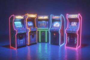 Five arcade machines are illuminated with colorful neon lights in a dimly lit room. Each machine displays classic game art, creating a nostalgic atmosphere for gamers and vintage enthusiasts. photo